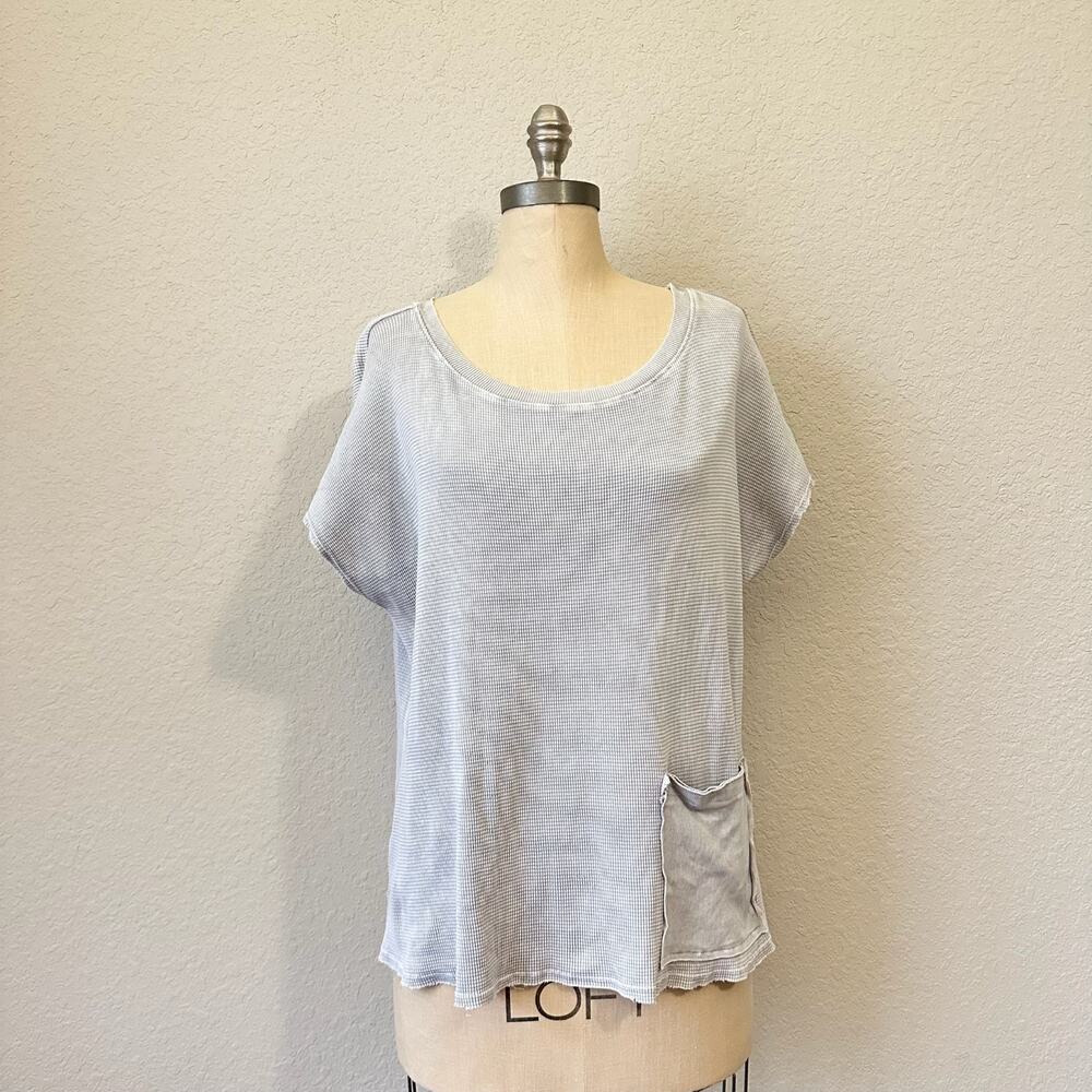 CHALET ET CECI Top Gray SS Thermal Waffle Knit Oversized Casual Comfy